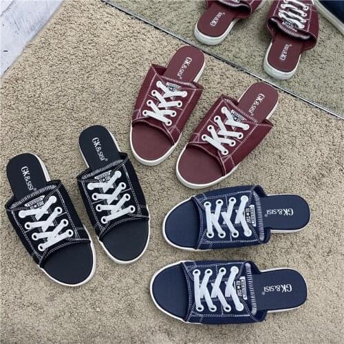 Canvas Lace up Slippers 2021New Womens Mules Shoes Breathable Flat Shoes Outdoor Slipper For Lady Fashion Female Mules Shoes