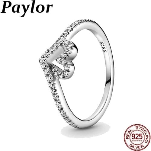Paylor 925 Sterling Silver Rings Sparkling Wishbone Heart Ring Women Engagement Anniversary Original Pan Jewelry Making
