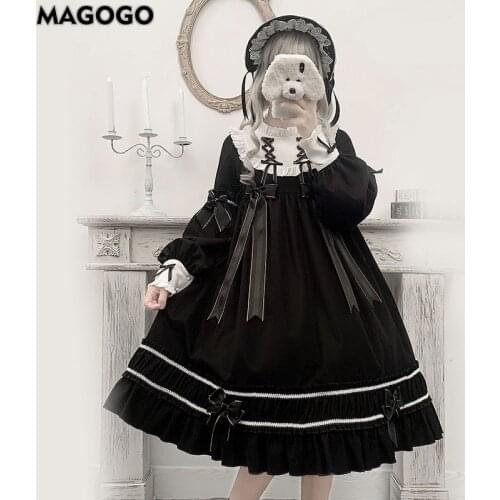 MAGOGO Lolita Dress Black OP Party Girl Cute Daily Soft Sisters O-Neck Long Sleeve Dress