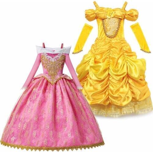 Halloween Princess Girl Wedding Dress Kids Pink Floral Ball Gown Yellow Deluxe Frocks Princess Belle Aurora Dress Christmas
