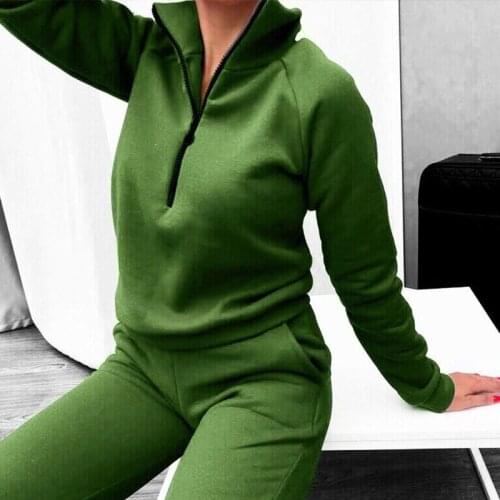 Casual Women Fleece Two Piece Set Turn Down Zipper Hoodie And Elastic Jogger Pant Suits Fashion Female Solid Sportwear Tracksuit