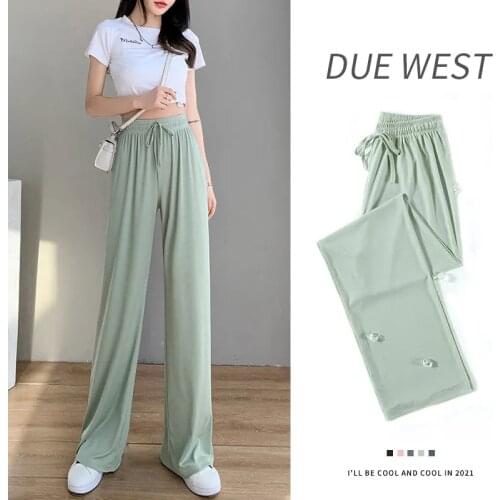 Wide Pants Woman Summer Ice Silk Loose Harajuku Clothes High Waist Light Green Korean Fashion Drawstring Solid Wide Leg Trousers