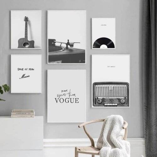 Modern Fashion Canvas Painting Guitar Radio Long Play Wall Art Decor Black And White Quotes Poster Pictures For Living Room