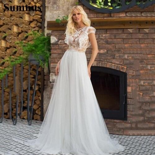 Sumnus Boho Wedding Dresses O-Neck Appliques Top Lace Tulle Princess Women Wedding Gowns Bride Dress 2021 suknia slubna