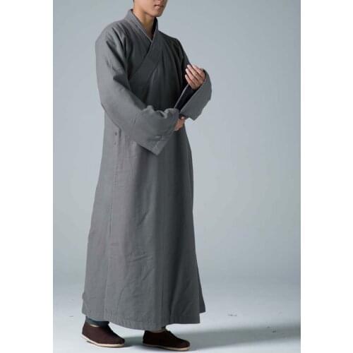 Unisex gray warm cotton&linen lay meditation gown Autumn&Winter coat zen monk suits taoist robe kung fu martial arts uniforms