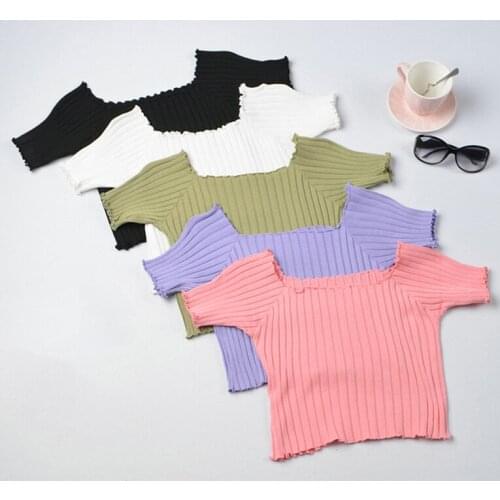 Women T-shirt Off Shoulder Knitting Crop Tops 2020 Women Fashion Solid Short Sleeve Skinny T-shirts Women