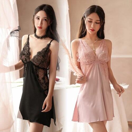 Women Backless Nightdress Sexy Deep V Neck BabyDoll Dress WIth G-string Exotic Lingerie Ladies Sexy Underwear