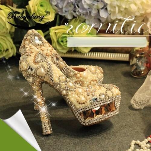 BaoYaFang real leather Women wedding shoes Champagne crystal ivory pearl Bridal party dress shoe Woman High heels platform shoe