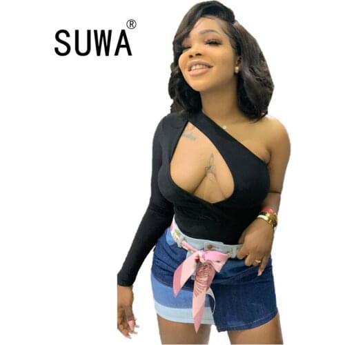 Classic All Black One Shoulder Long Sleeve Spring Summer Women Pullover Top Retro Tunic Front Hollow Out Sexy Party T-Shirt