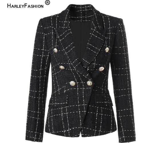 HarleyFashion England Style Women Winter Thick Tweed Blazer Plaid Pattern Quality Slim Stunning Lady Outerwear Jacket