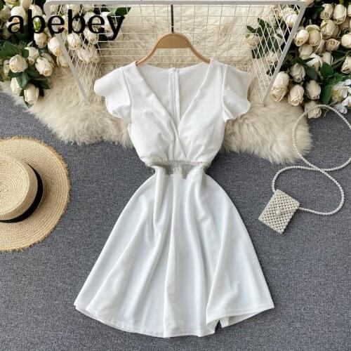 Women Sexy Dress Korean Deep V Neck Solid A-line Dress 2021 Summer Fashion Streetwear Short Dress