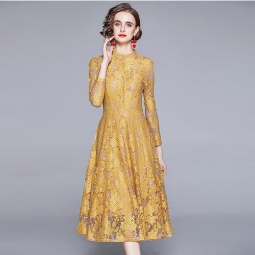 Fashion Runway Autumn Women Long Sleeve High Waist Elegant Blue Lace Female Elegant Midi Party Dresses k8967