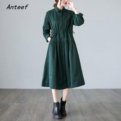 Anteef long sleeve cotton plus size vintage dresses for women casual loose spring autumn shirt dress elegant clothing 2021