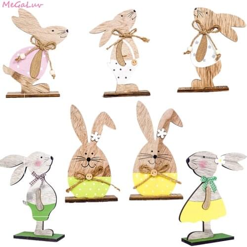 1Piece Cartoon Rabbit Easter Decoration Wooden Bunny Doll Happy Easter Party Desktop Ornaments Crafts Home Kids Toy Gift
