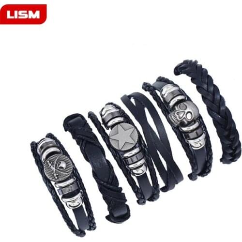 6PCS/SET Bracelets & Bangles Skull Men Leather Bracelets Pulseira Masculina Jewelr Charm Bileklik Pulseiras Boyfriend Girlfriend