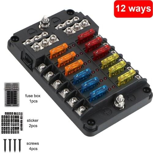 6 Ways 12 Ways Blade Fuse Block 100A 32V Fuse Box Holder Plastic Cover For Auto Car Marine With LED Indicator Light M5 Stud