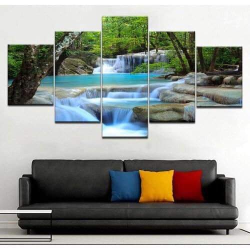Large Canvas Wall Art Waterfall Painting Feng Shui Decorating 5 Panel HD Print For home living room decoration