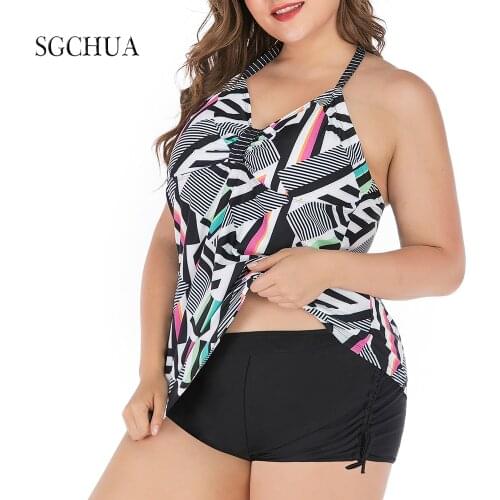 SGCHUA 2021Black Print Striped Backless Separate Two Piece Swimsuit Plus Size 5XL With Soild Black Shorts Bathing Suit For Women