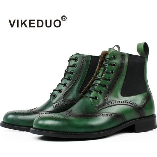 VIKEDUO Full Brogue Round Toe Patina Genuine Cow Leather Mens Ankle Boots Lace-Up Handmade Brand Customized Green Chelsea Boots