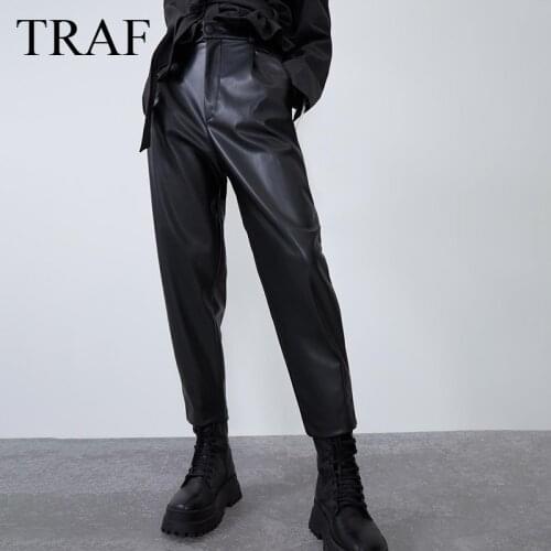 TRAF ZA Fashion 2021 Pants High Waist Pu Leather Spring And Autumn Women Clohtes Full Length Pants Female Trousers Streetwear