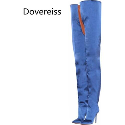 Dovereiss Fashion Womens Shoes Winter Pointed Toe Stilettos Heels Pure color Purple blue Elegant Over the knee boots 33-48