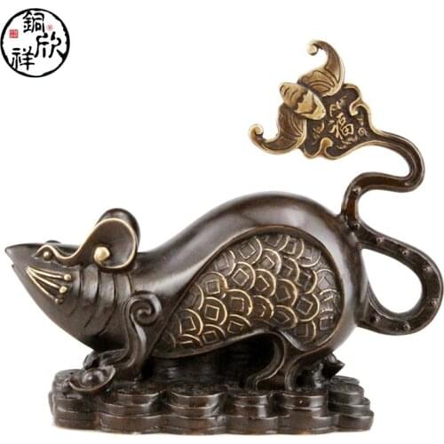 Feng Shui Craft Chinese Pure Brass Copper Animal Fu BAT Lucky Wealth Mouse Statue Rat Sculpture