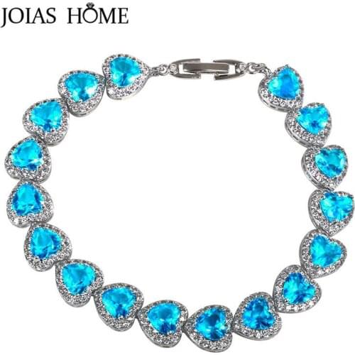 JoiasHome Trendy Heart shaped Bracelets for Women Charms Silver 925 Jewelry Luxury Gemstones Aquamarine Female Wedding Accessory