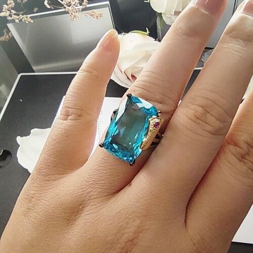 New Year Gift Big Rectangle Blue Zirconia Ring Black/Gold 2 Tone Jewellery Anniversary Luxury Large Stone Jewelry
