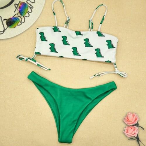 Little Dinosaur Print Bikini Sets Women Triangle Mid Waist Two Pieces Swimsuits 2021 Girl Plain Beach Bathing Suit Swimwear