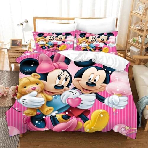 Mickey mouse bedding set queen size quilt covers sheets for children bed decor single bedclothes 3 pcs cartoon minnie mouse pink