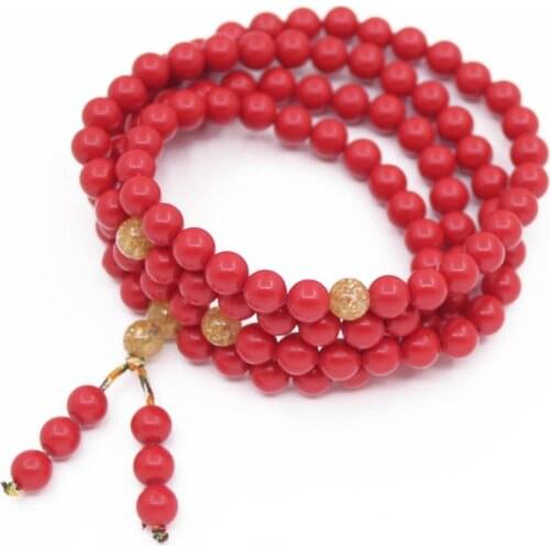 Round Natural Zinnober Cinnabar Buddhism Prayer 108 Beads Bracelet 26" 6mm 8mm Choose