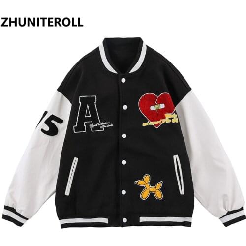 2021 Harajuku Patchwork Jacket Men Letter Heart Bomber Jackets Fashion Baseball Coats Streetwear Windbreaker Black College Tops