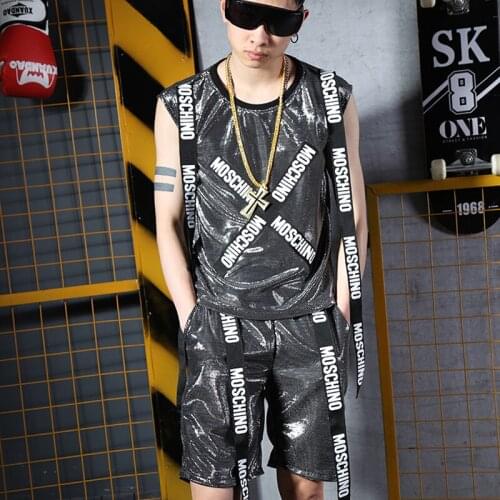 Mens Silver Hip Hop dance set fashion letter print Vest costumes Nightclub Bar Singer DJ show performance clothing