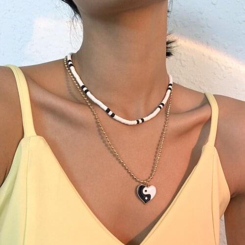 2021 new bohemian two-tier necklace womens heart-shaped tai chi black and white pendant retro necklace jewelry gift wholesale