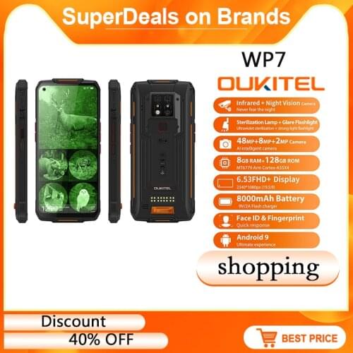 OUKITEL WP7 Mobile Phone 6GB+128GB 6.53'' IP68 Waterproof Rugged Smartphone Infrared Night Vision 8000mAh 48MP Triple Cameras
