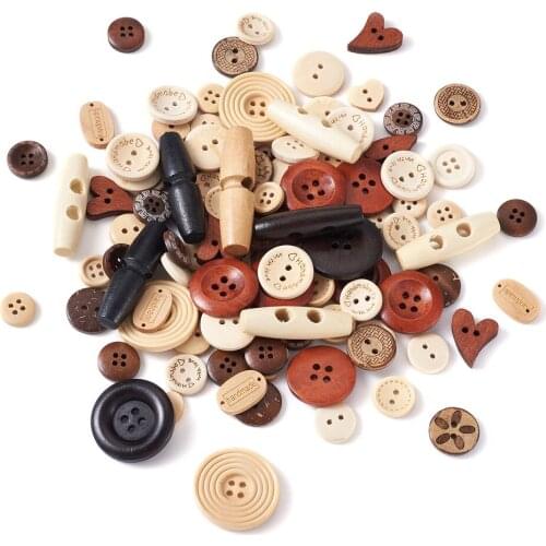 Pandahall 400pcs/Bag Mixed Shapes Wood Buttons Wooden Toggle Buttons for Garment Coat Sewing Button Decorative Craft Mixed Color