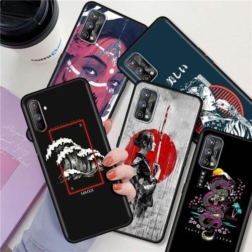Luxury Phone Case For Realme 6 7 8 Pro C21 C3 XT 5 X50 C20 GT Neo C25 C11 Shockproof Black Soft Back Cover Japanese Style Art