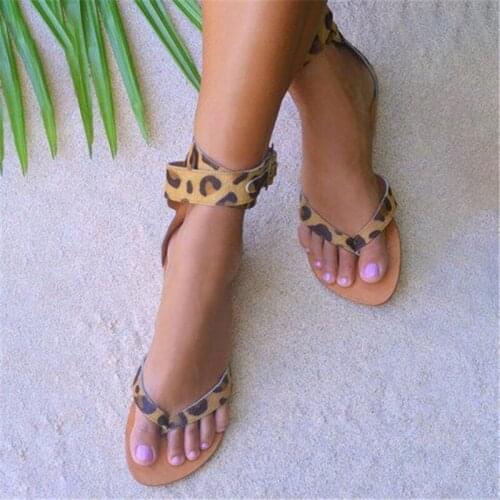 Women Sandals Flip Flops Women Leopard Print Buckle Strap Sandals Women Flat Summer Cover Heel Female Shoes Flip Slops Sandals