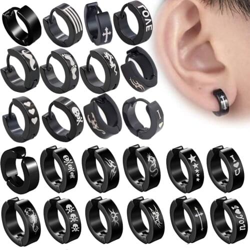 1piece Punk Titanium Steel Ear Clip/Stud Earrings For Men Women Print Pattern Black No Pierced Fake Ear Circle New Pop Jewelry