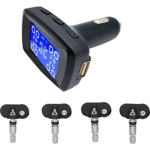 Tire Pressure Monitoring System Wireless TPMS Cigarette Lighter Plug with 4pcs External Sensors Temperature Pressure LCD Display
