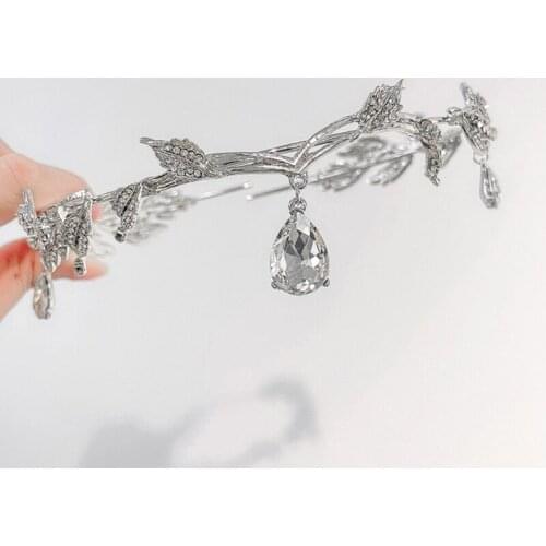 Wedding Bride Forehead Tiara Headband Faux Crystal Pendant Rhinestone Leaf Hairband Princess Party Crown Fairy Jewelry