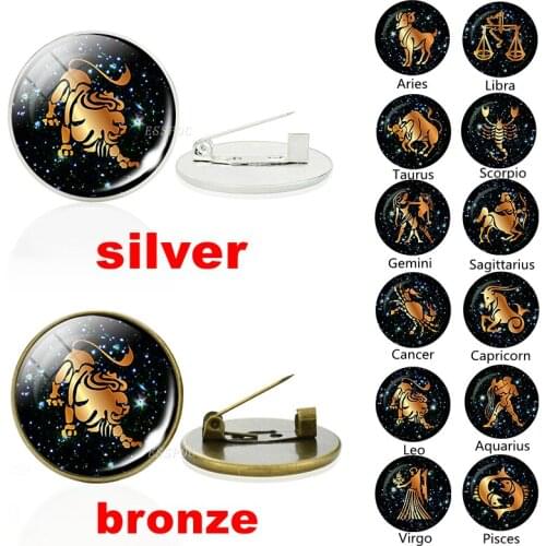 Vintage 12 Constellation Brooch Badge Glass Dome Silver/bronze Color Metal Pin Birthday Souvenir Birthday Gift for Friends