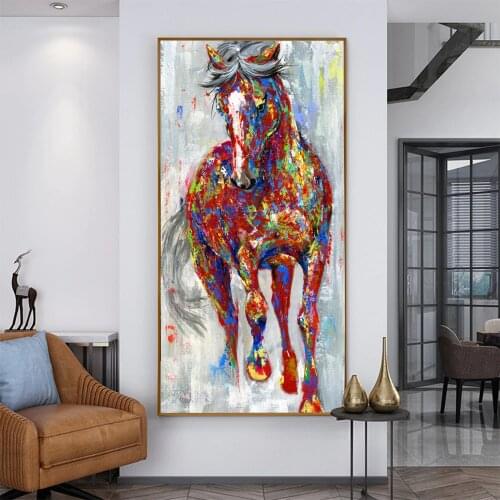 WANGART Larger Original Running Horse Oil Paintings Wall Art Colorful Animal Posters Wall Picture For Living Room Home Decor