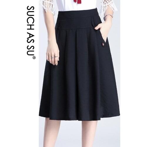 SUCH AS SU 3 Color 2021 Women Black Blue Wine red High Waist Pleated Skirt Spring Summer S-3XL Size Female Mid-Long Casual Skirt