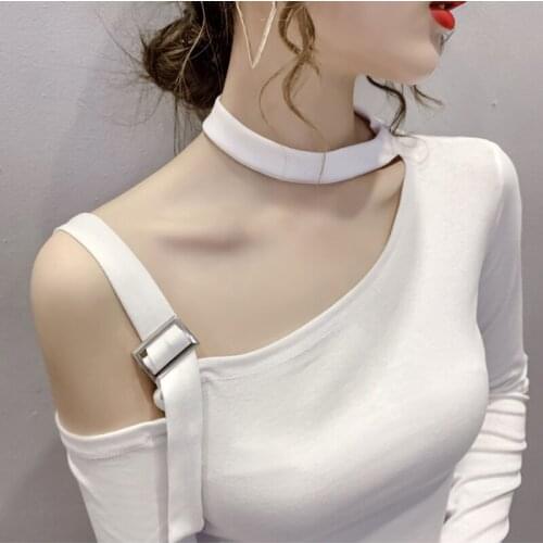 Women Short T-shirt Sexy Long Sleeve T-shirts Strap Off Shoulder Stitching Female Casual Slim T Shirts Crop Top Tees White Black
