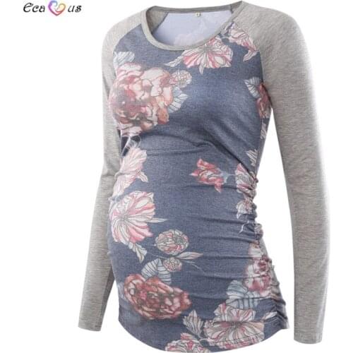 Womens Maternity Clothes Pregnancy Shirt Raglan Sleeve Patchwork Blouses Vintage Side Ruched Long Sleeve Floral Maternity Top