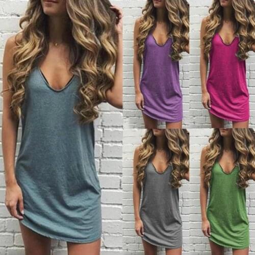 2020 Women Dresses Summer Casual Solid Color V Neck Sleeveless Spaghetti Straps Mini Beach Dress Sexy Party Dress Vestidos