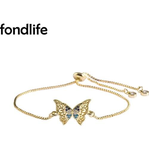 Multicolor Cubic Zirconia Stones Beautiful Copper Butterfly Charm Bracelet Women Rose-gold Gun Metal Brass Chain Cute Jewelry