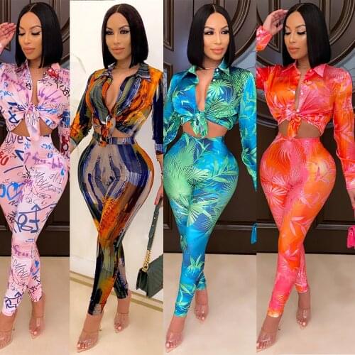 Elegant Tie Dye Print Two Piece Set Women Sexy Turn Down Collar Lace Up Shirt Top + Pencil Pants Slim Streetwear Matching Set