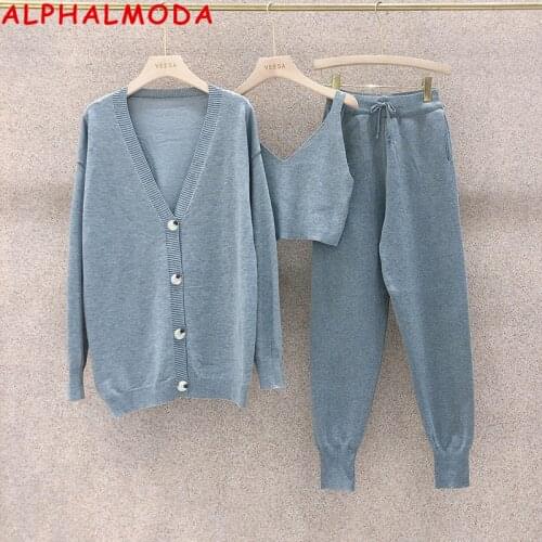 ALPHALMODA 2021 Autumn Winter New Arrival Long-sleeve Knitted Cardigans + Vest + Pants Women 3pcs Fashion Suit